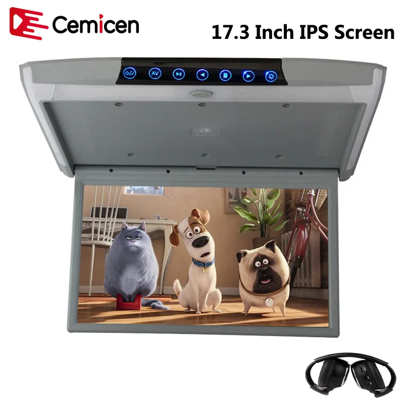 

Cemicen 17.3 Inch roof mount monitor IPS Screen 1080P HD Video Flip Down Mount touch Button with USB SD HDMI Sperker IR FM MP5