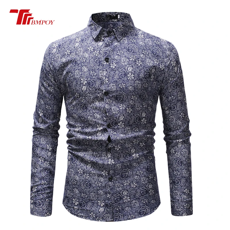 New Autumn Men Lapel Tops Casual Loose Rose Printing Shirt Long Sleeve Fiber Blend Dress Shirts Unique Floral Print Multi Colors