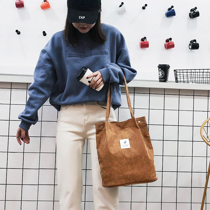 

2019 New Women Corduroy Handbag Casual Shoulder Bag Foldable Reusable Beach Bags Eco Cloth Tote Grocery Shopping Canvas Pouch