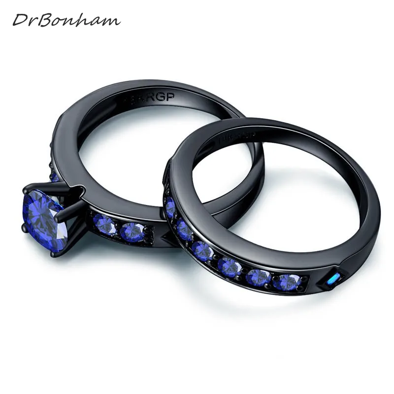 DrBonham Never fade shiny blue Cubic Zircon Engagement couple Rings Sets black Gold filled Wedding alliance For Women DR1708