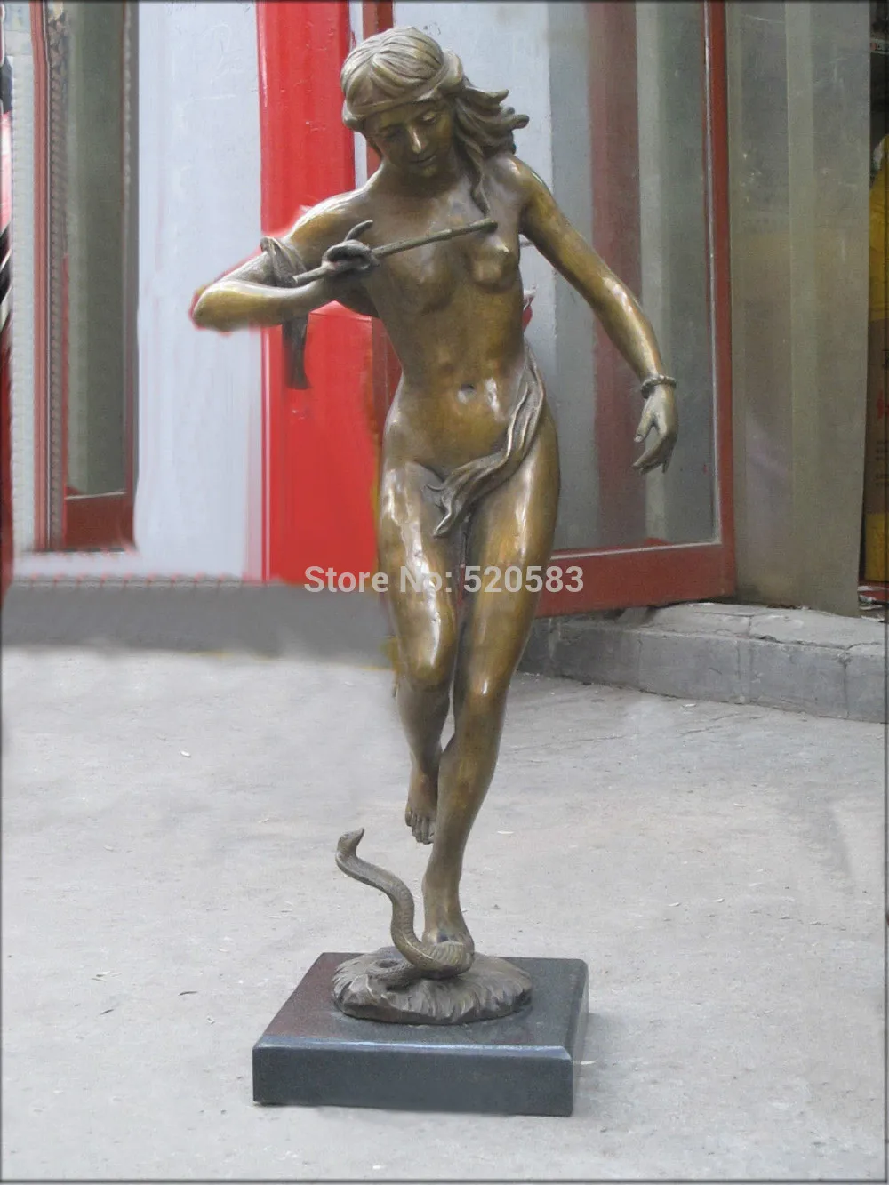 

28"Western myth bronze & Marble ART play clarinet woman and snake statue