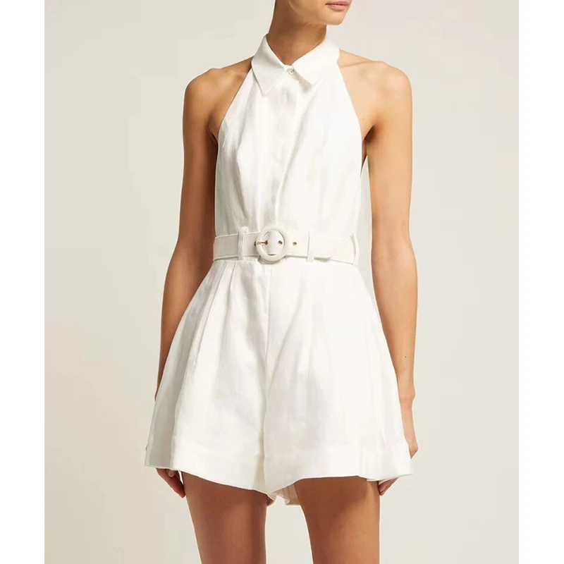 

Rompers womens jumpsuit 2019 Summer hemp linen White Sexy Fashion Halter Belt Casual shorts Jumpsuit