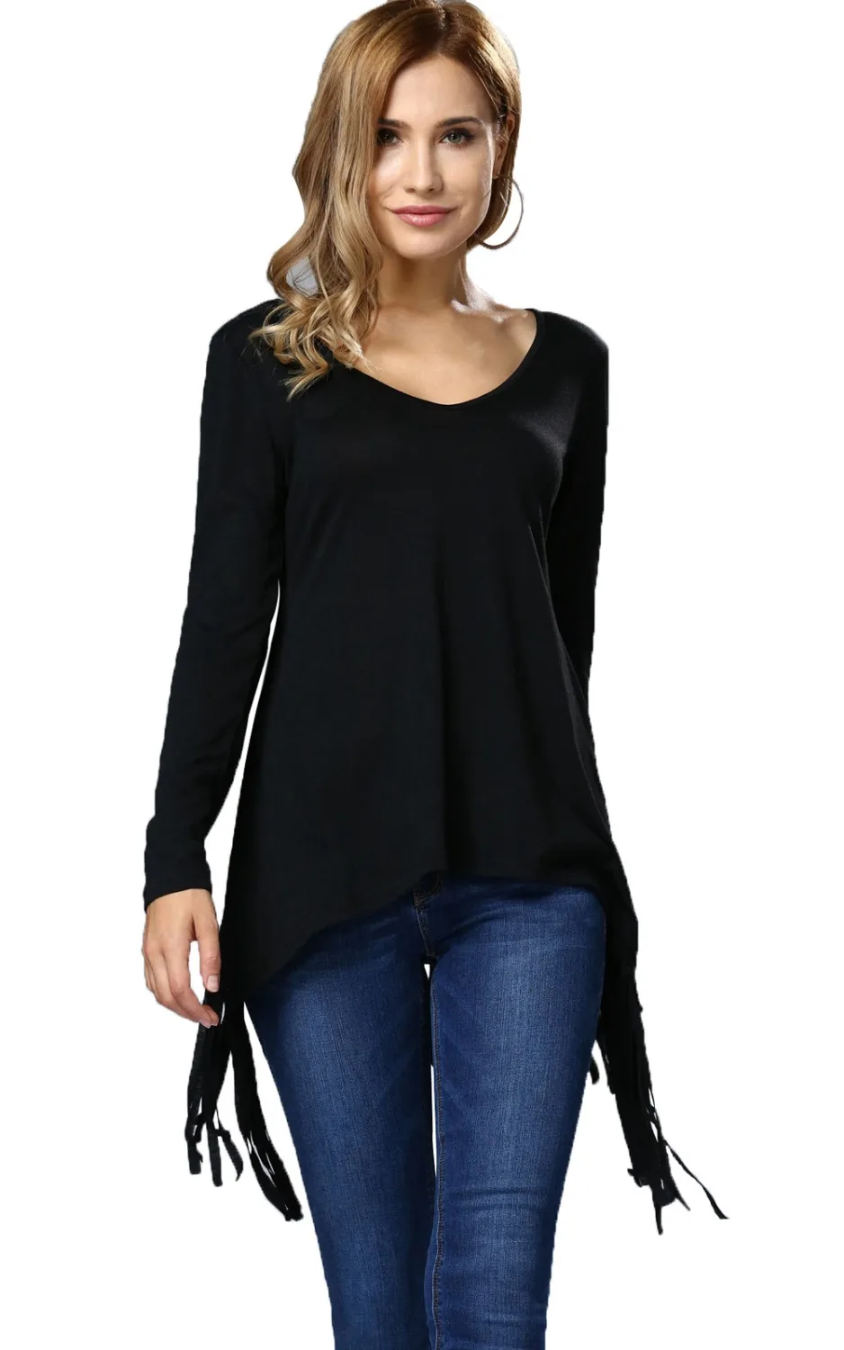 Free Shipping Black Casual Deep V-Neck Fringe Plain Long Sleeve T-Shirt For Women 3SZ60011 | Женская одежда