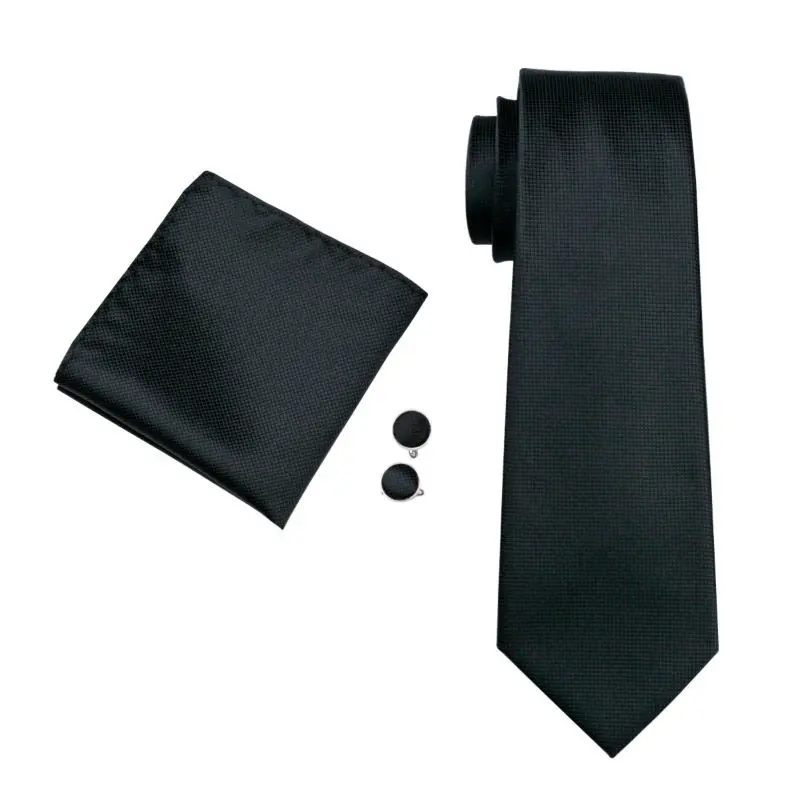 LS-251 Для мужчин Галстук Черный насыщенный 100% шелк жаккард Тканые галстук Hanky запонки Набор для Для мужчин Формальные Свадебная вечеринка