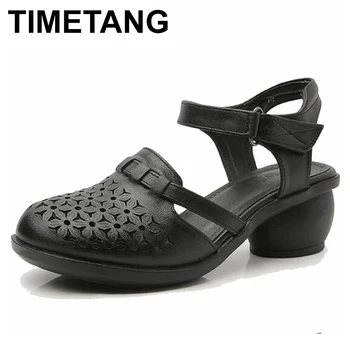 

TIMETANG 2018 Women Thick Heels Sandals Covered Toe Shoes Ethnic Style Summer Genuine Leather Hollow Women Sandal