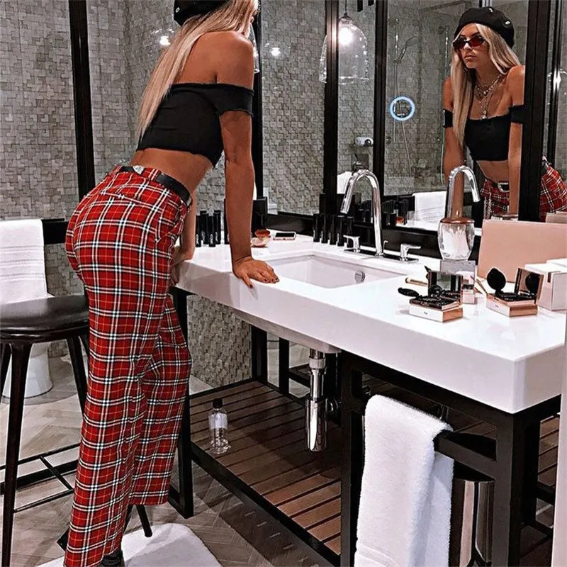 Fashion Women Pockets Zipper Trousers Hip Pop Pantalon Gingham Full Length Plaid Pant Loose High Waist Straight Pants Streetwear Pants