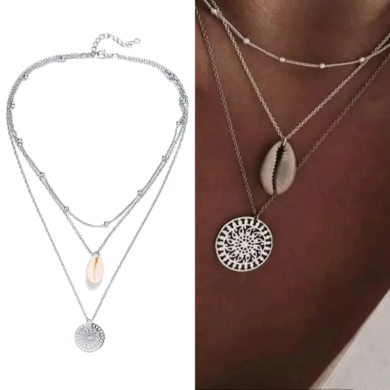 

1PC Adjustable Alloy Round Multilayer Circle Seaside Shell NecklaceBohemian Jewelry Silver Chain