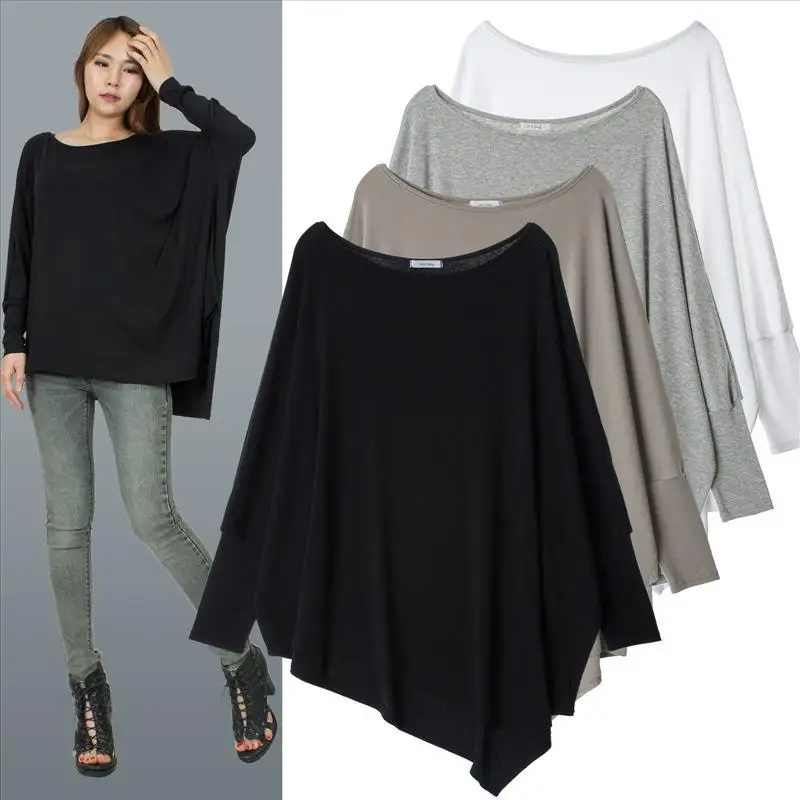 

2018 New Loose Bat Sleeve Large Size Personality Tailoring Irregular Hem Women's T-shirt O-neck Knitted Plus Size