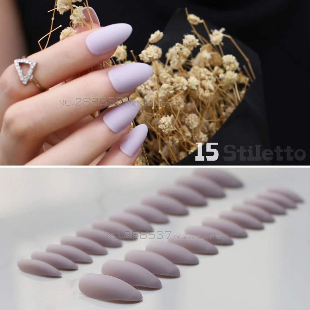 24pcs Cut down Matte stiletto nails Light blue purple medium fake nails