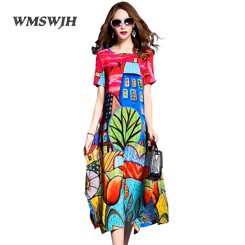 

Elegant Female Vestidos Real Silk Dresses 2019 New Summer Vintage A-line Print Dress Loose O-Neck Short Sleevele Dresses