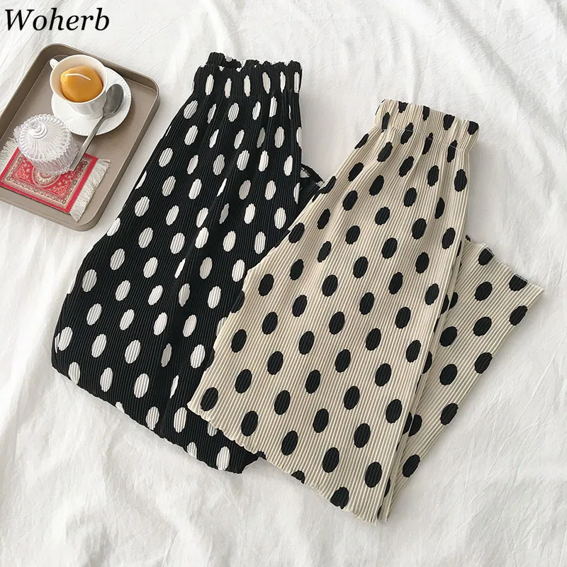 

Woherb Elastic High Waist Wide Leg Pants Loose Casual Trousers Women Vintage Polka Dot Print Pant 2019 Summer Pantalones Mujer