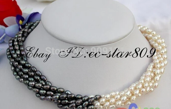 

Free Shipping>>Dream 6strands 17" 7mm rice white black freshwater pearl necklace