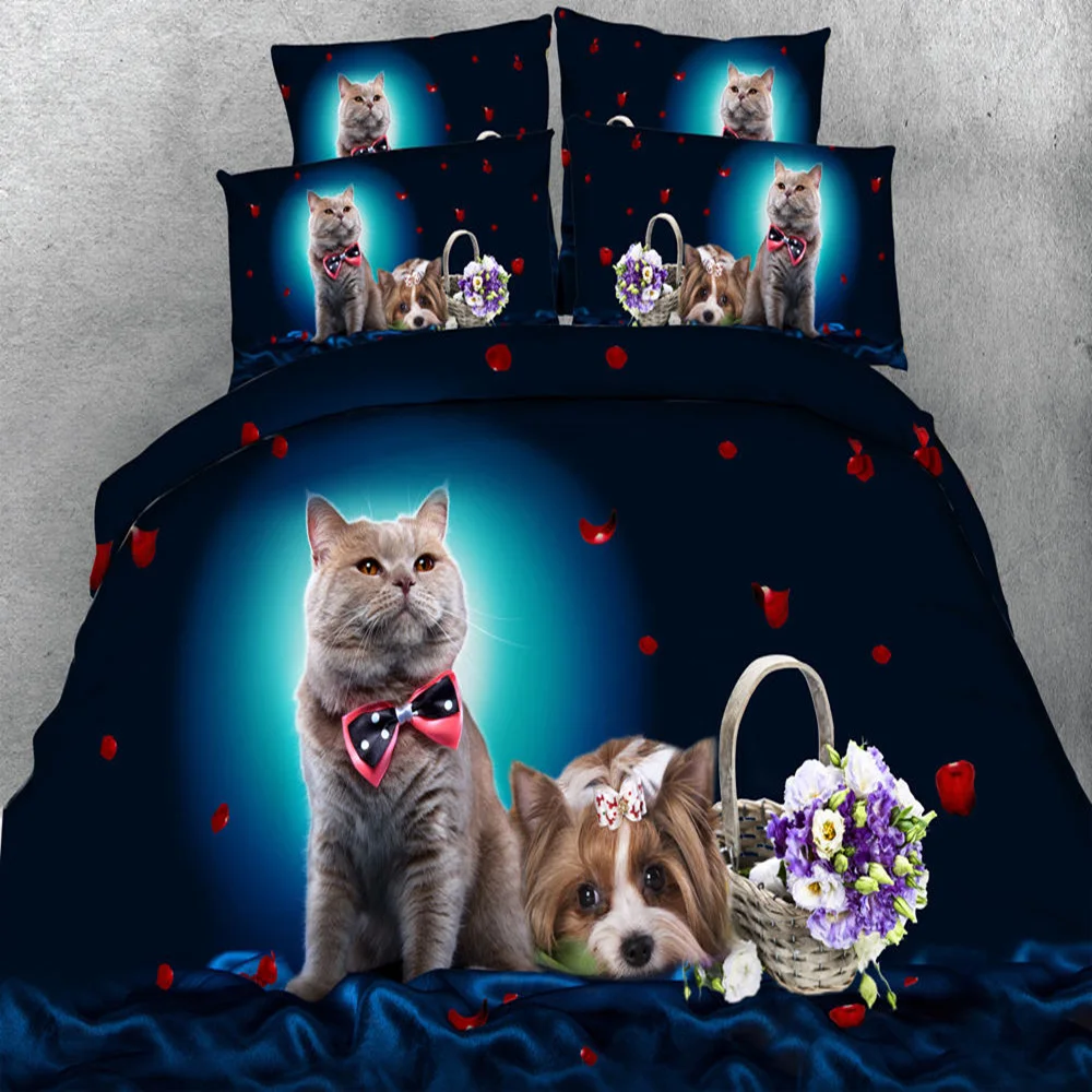 

Romantic Cat Dog Black Bedding Set Flower 3D Duvet Cover Adult/Girl 3/4pc 500TC Full Queen Super King Wedding Bedding Pillowcase