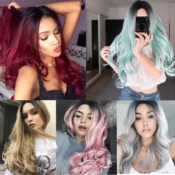 Красота градиент цвета парики длинные вьющиеся волосы черный сине зеленый парик для Для женщин с парики из синтетических волос штук