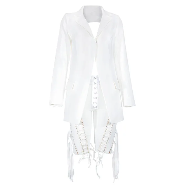 Womens 2 Piece Pants Set Outfit V Neck One Button Backless Blazer& Lace Up Mesh Eyelet Buckle Sexy Pants Cardi B Tracksuit - Цвет: white 2 piece set