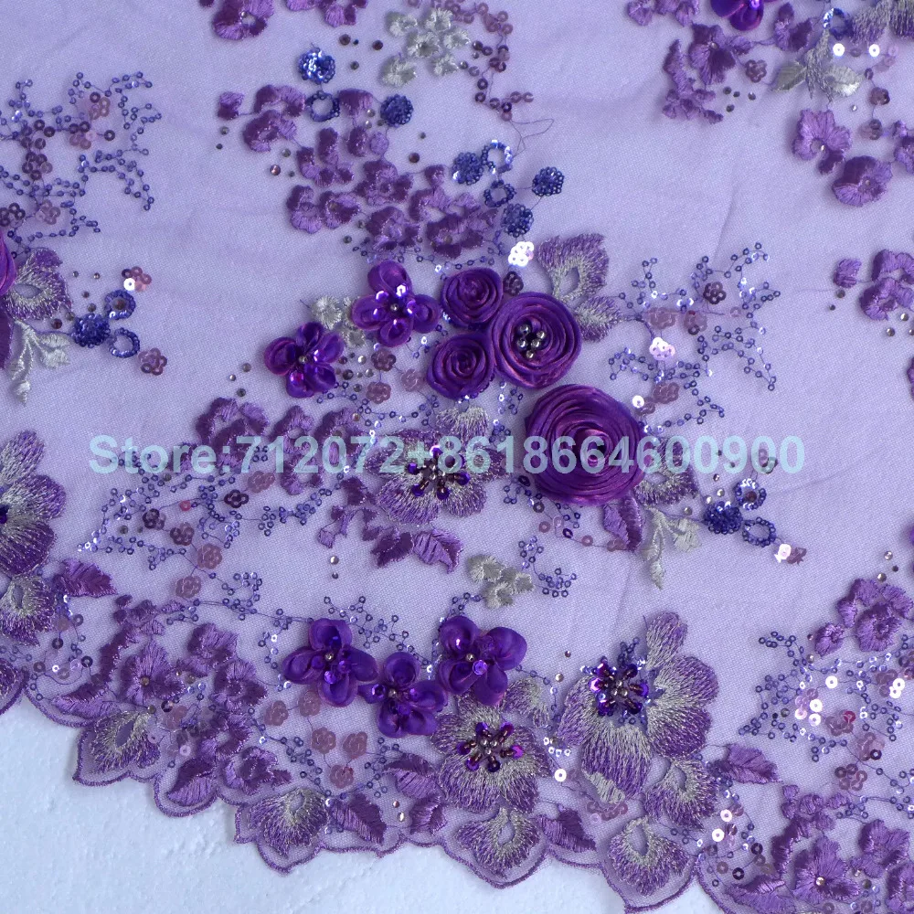 

On sale Purple 3D rose beaded sequins lace fabric 51 inches width by the yard For wedding dress stage clothing evening dress