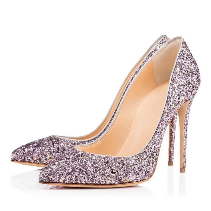 

Elegant Purple Glitter Wedding Shoes Bride Pointed Toe Stiletto Heels Sequin Pumps Women Shoes Slip-on Banquet Dress Shoes 12cm