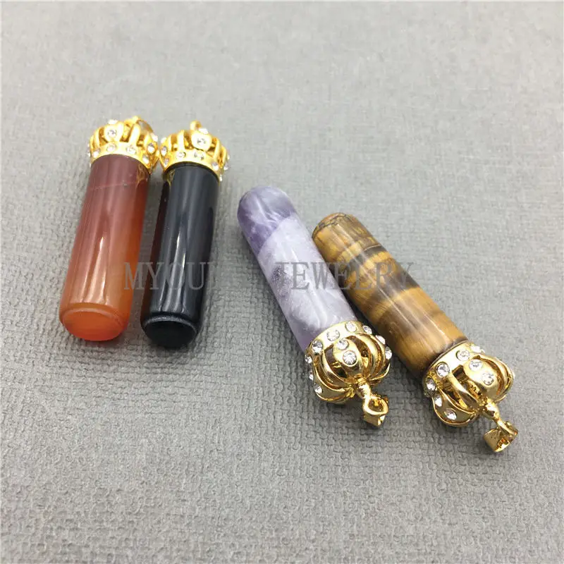 MY0625 Mix Stone Cylinder Pendant Pillar Point With Gold Color Crown Cap Paved Rhinestone And Bail (2)