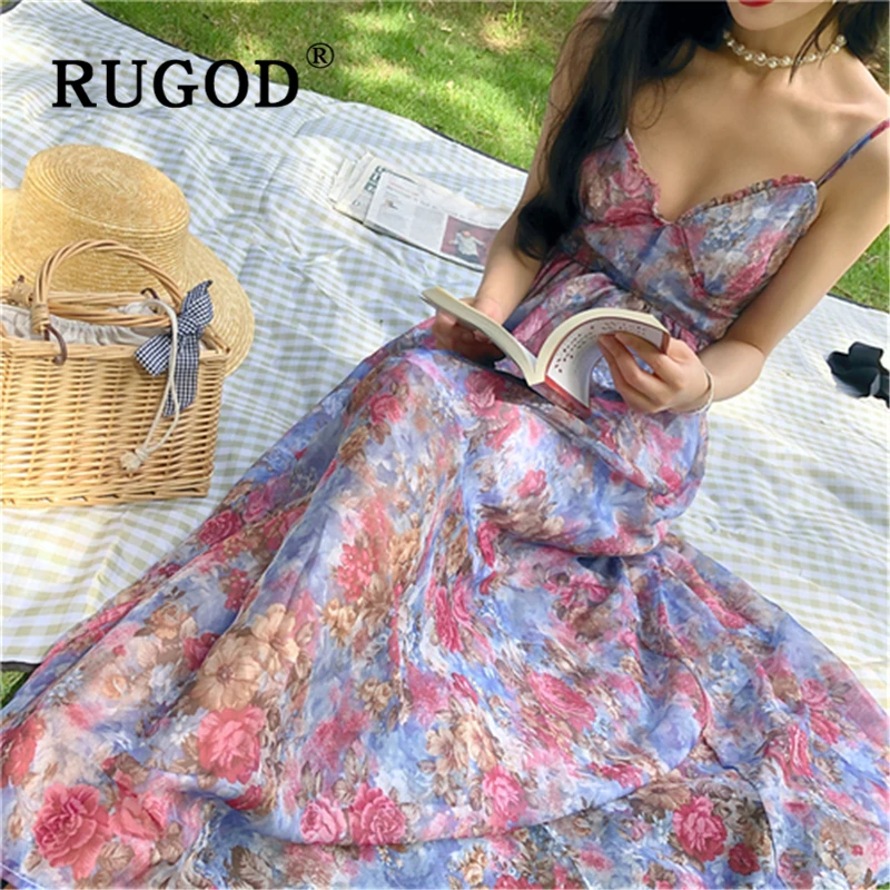 

RUGOD summer beach party maxi dress women sexy V neck spaghetti stap holiday long dresses vestidos Ruffles purple printed dress