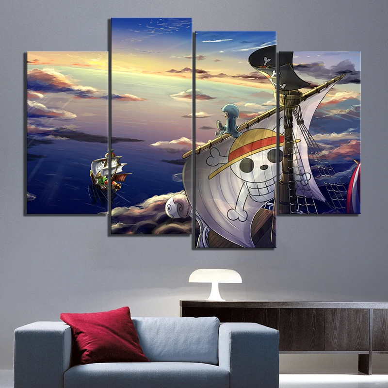 

4 Panels HD Cartoon Pictures ONE PIECE Going Merry Anime Poster Artwork Canvas Paintings for Home Decor