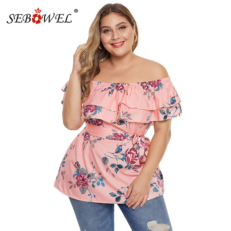 

SEBOWEL Plus Size Woman's Summer Pink Floral Tiered Off the Shoulder Shirt Female Black Print Ruffles Tops Elegant Sashes Blouse