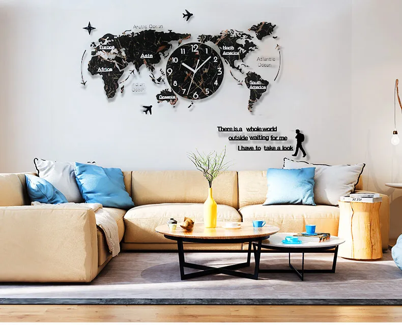 Большая карта мира настенные часы на стену современный дизайн текстура 3D декоративные акриловые наклейки часы настенные часы