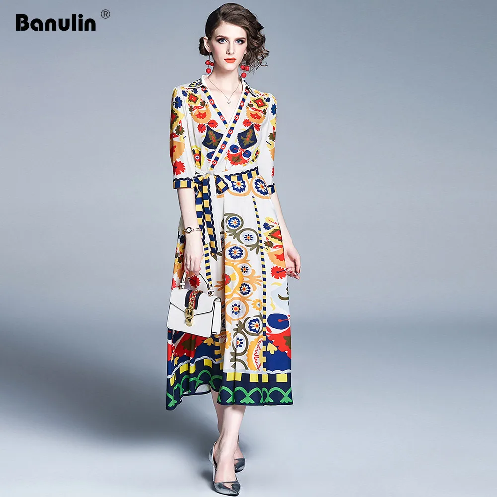 

New Fashion 2019 Summer Elegant Vintage Print Long Dress Belt V-Neck Short Sleeve Runway Retro Maxi Dress Hippie Vestidos