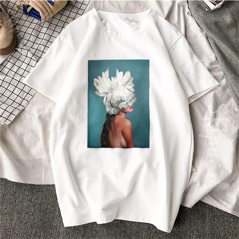 

2019 Cotton Harajuku Aesthetics Tshirt Sexy Flowers Feather Print Short Sleeve Tops & Tees Fashion Casual Couple T Shirt Y34B