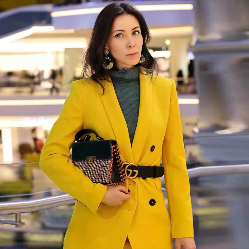 Yellow Shawl Collar Double Breasted Blazer Women Buttons Long Blazer 2019 Spring Elegant Ladies Workwear Solid Jackets AO922