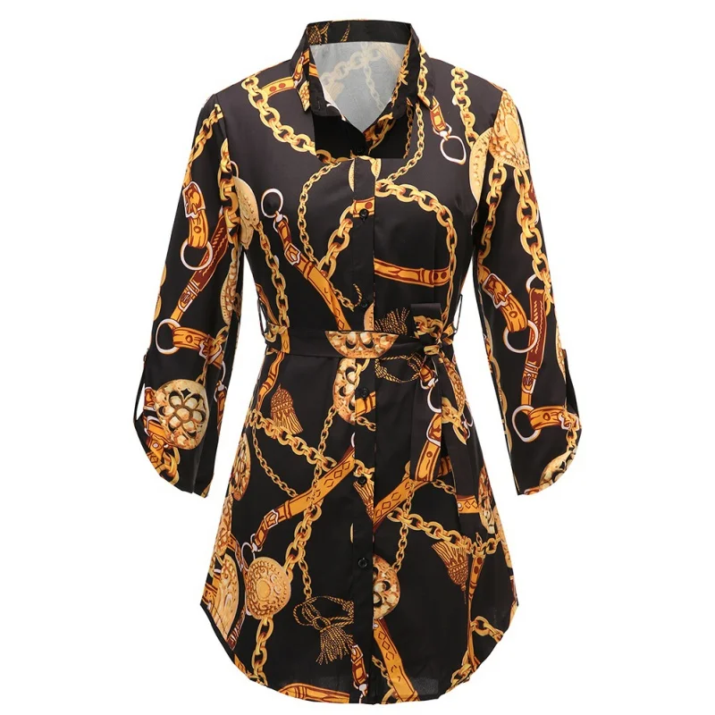 Women Blouses Lapel Lace Up Button  Tops Sexy Middle Sleeve Print  Women Blouses Casual Top Blouse Chemise Femme vestido