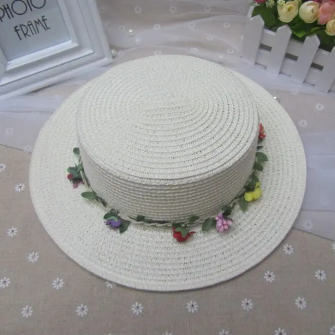 Летние шапки для девочек модные однотонные детские шапки пляжная гирлянда соломенные шляпы окружность шляпы 53-54 см - Цвет: Children Milk white