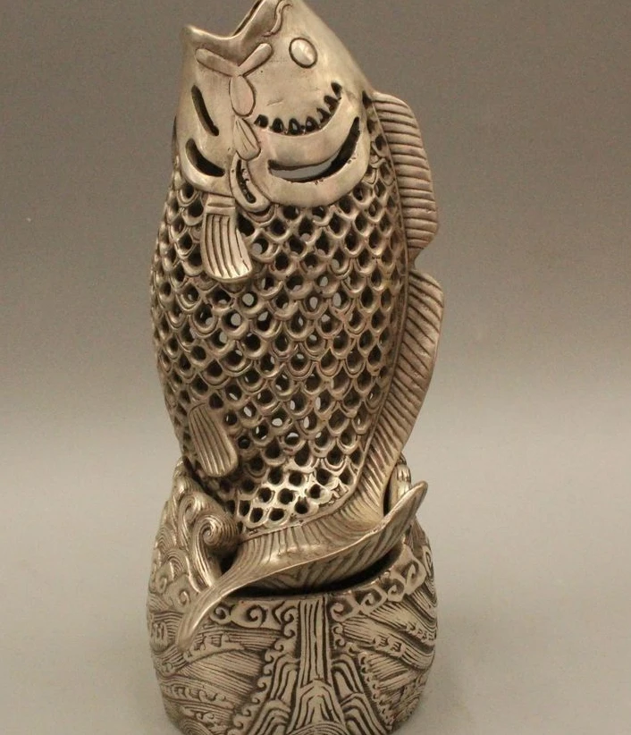

8" Marked Chinese Dynasty Palace Tibet Silver Fish Barracuda Incense Burner Cens