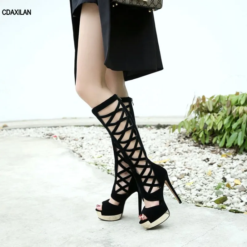 

CDAXILAN new arrivals high boots women ladies summer party shoes faux sued super high heel spike heels peep toe knee-high boots