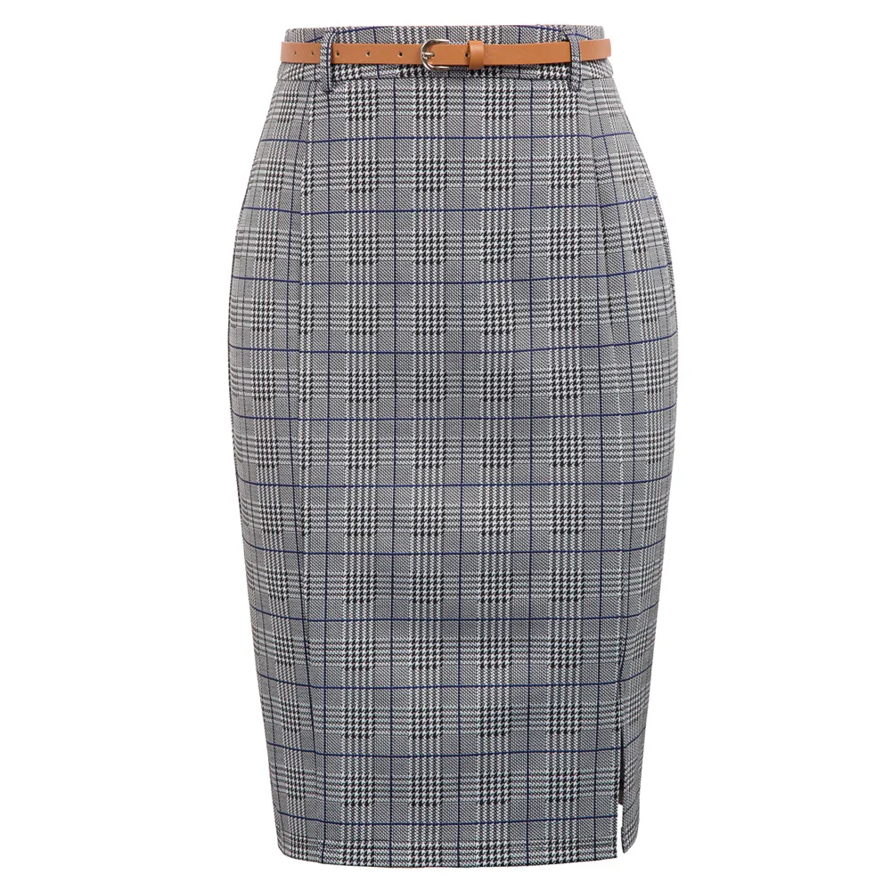 

business skirts Womens Grid Pattern Belt split Hips-wrapped knee-length plaid ladies work wear Bodycon slim Pencil Skirt faldas