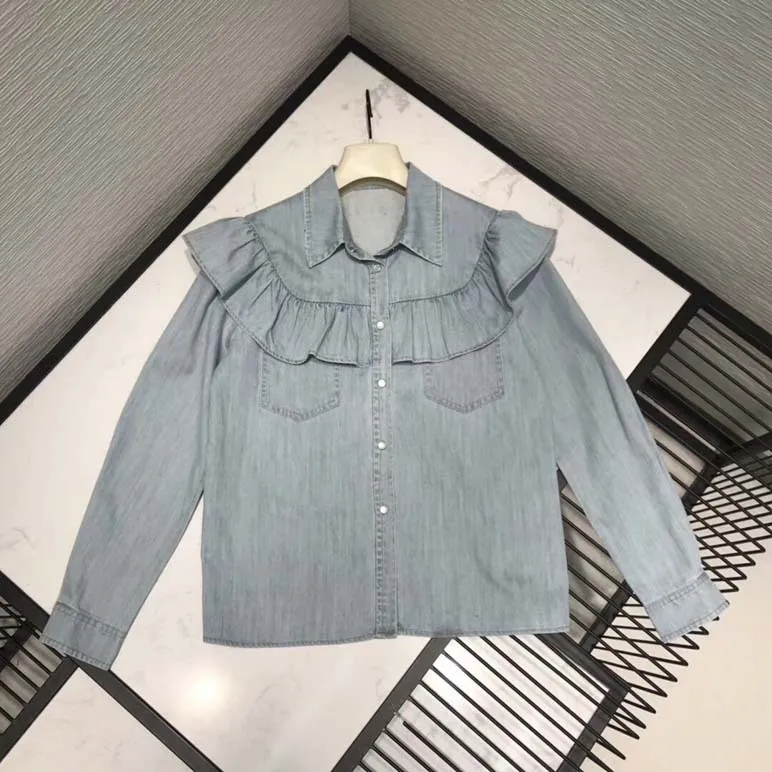 

Chic women's denim Shirts 2019 spring summer elegant ruffles long sleeves shirts A357