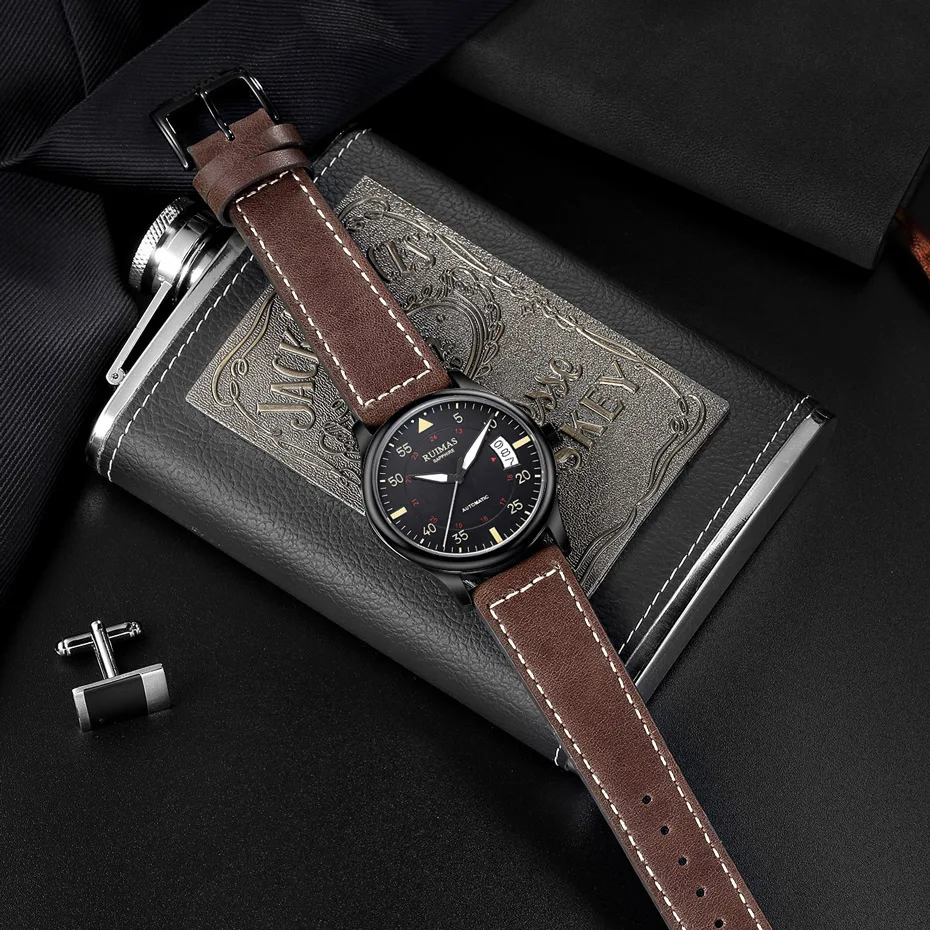الأزياء اليابان التلقائي Movt ووتش الرجال حزام من الجلد الأعمال ساعات آلية RUIMAS الذكور ساعة المعصم Erkek كول الساعاتي