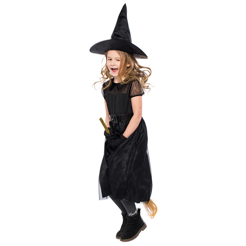 H& ZY/Детский костюм ведьмы карнавальный костюм на Хэллоуин для девочек, черный сетчатый Карнавальный Костюм Платье ведьмы с шапкой и поясом