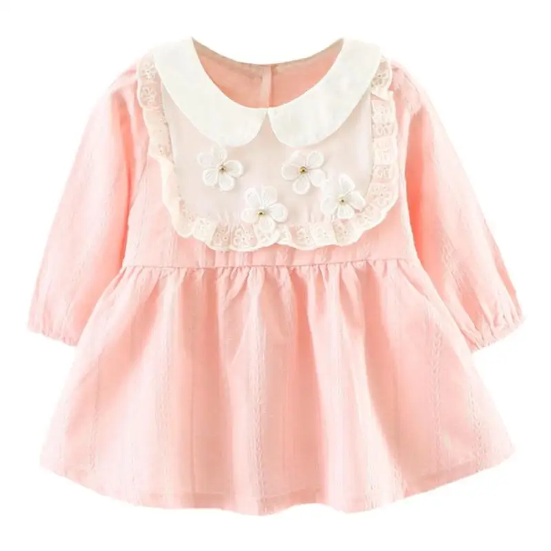 Cute baby dress Fashion Peter Pan Collar Lace Dress Girls Baby Long Sleeve Sweet Vestidos flowers mini dress