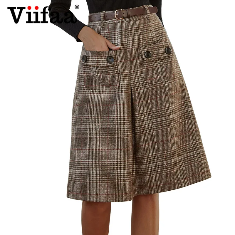 Viifaa Tweed Skirts Womens Plaid High Waist Pocket Side A Line Skirt 2019 Spring Women Office