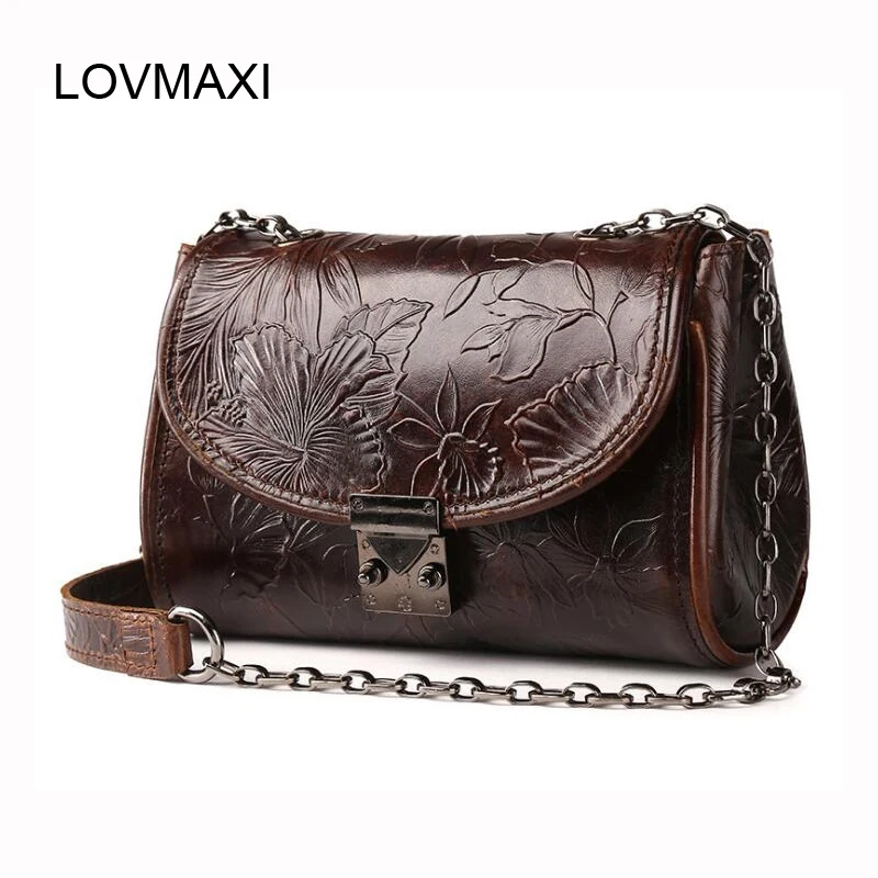 

Genuine Leather Women's Bag Guaranteed 100% Cow Leather Crossbody Bags Brand Designer Shoulder Handbags Flower Embossed Retro