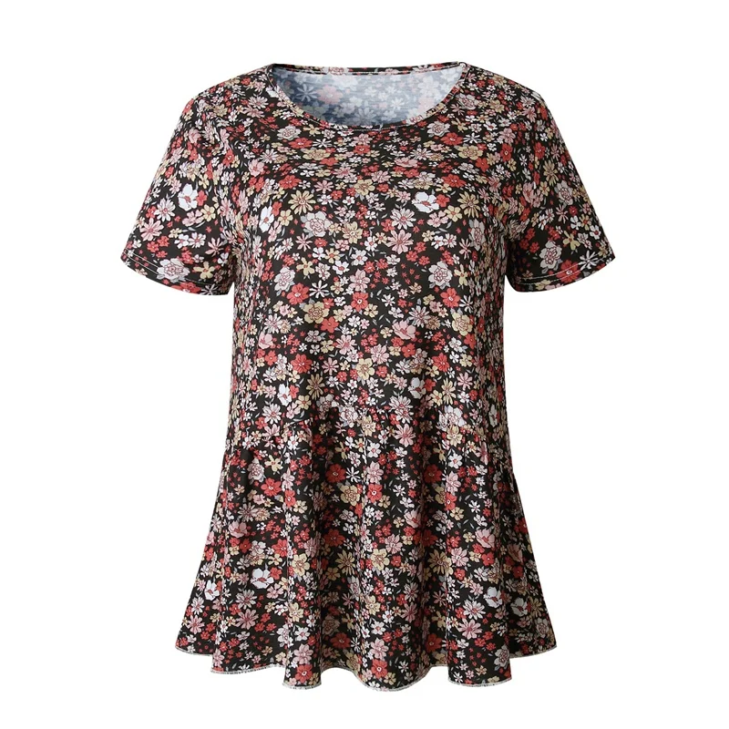 Летняя женская блузка с коротким рукавом и цветочным принтом, топ с круглым вырезом, модная повседневная свободная Лоскутная футболка с оборками
