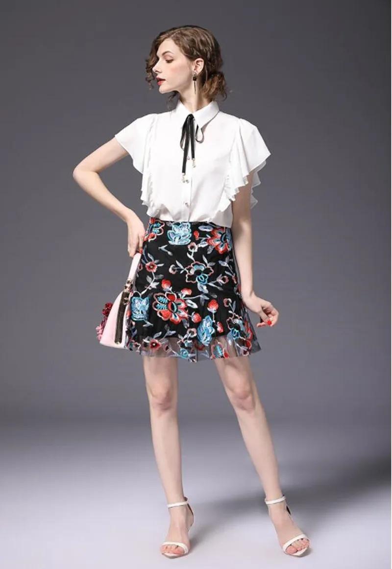 Большие размеры женская одежда короткая юбка S-3XL летняя сетчатая вышивка цветок рыбий хвост юбка женская модная юбка высокого качества