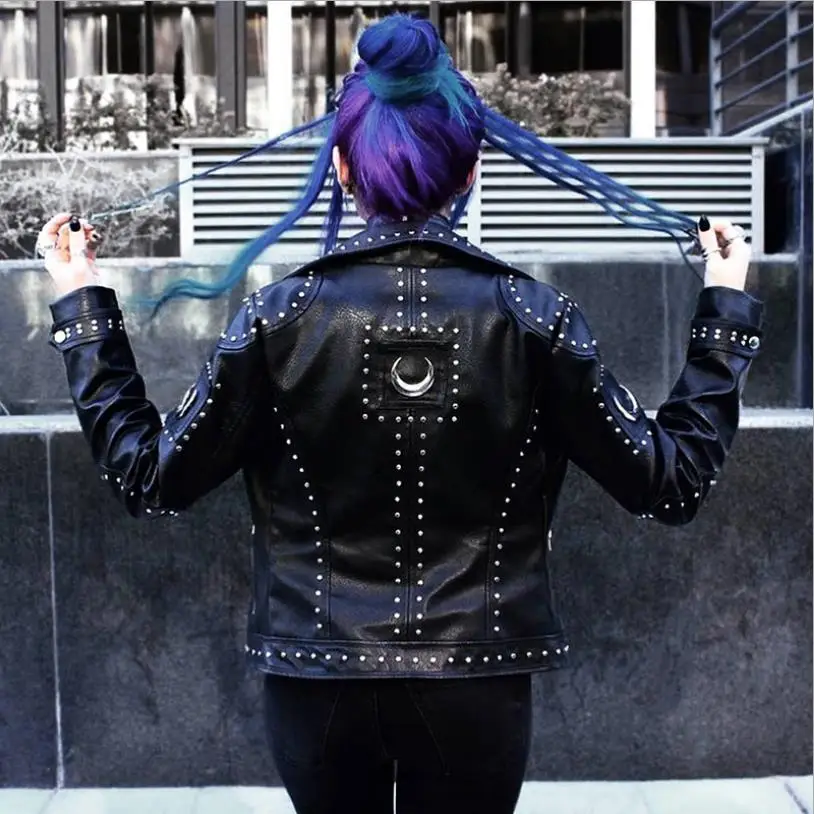 

England style Retro rivet beading pu leather Locomotive jacket female street style fashion ins leather jackets wq2438 dropship