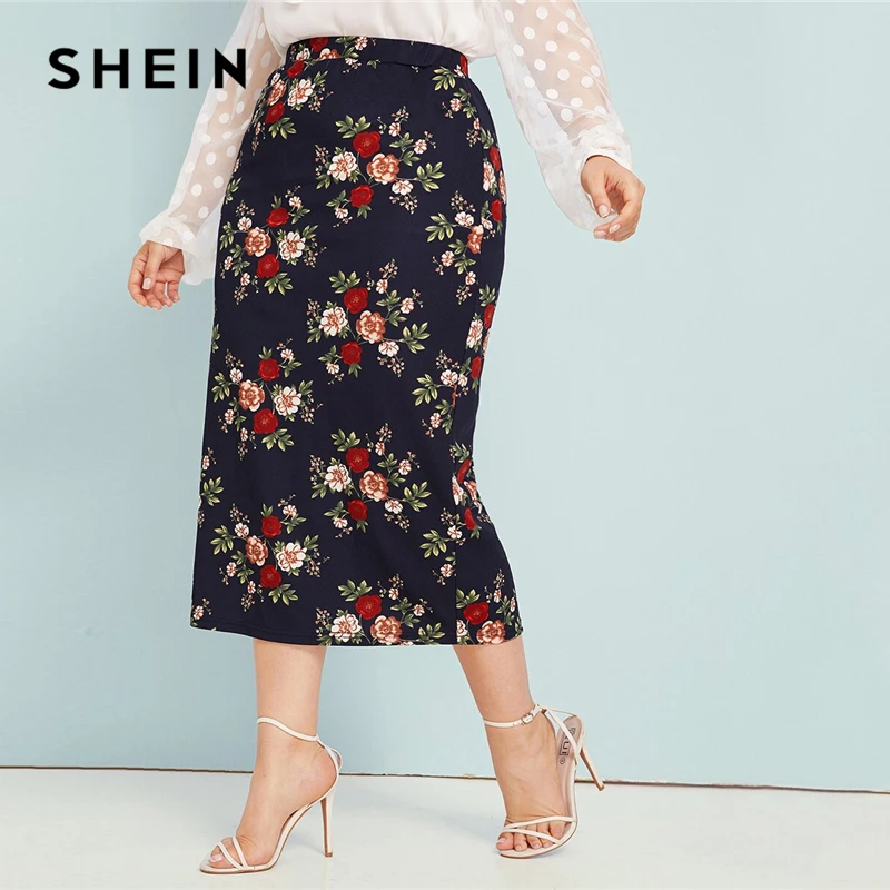 

SHEIN Plus Size Abaya Navy Floral Print Pencil Skirts Womens Summer Autumn Big Size Elegant Plus Bodycon Long Skirt
