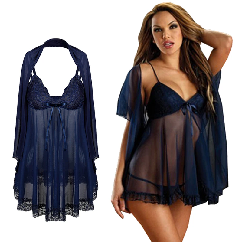 

Women Deep V-neck Nightdress Charming Lace Chemise Sheer Mesh Sleepwear Shawl Sexy Spaghetti Strap Nightgown Sexy Set Plus Size