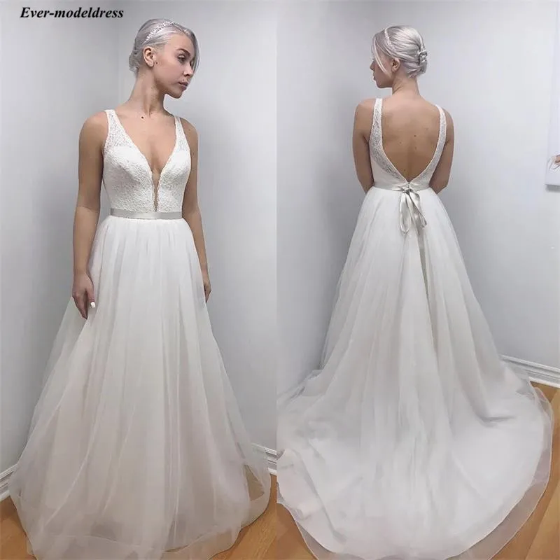 

Modest Lace Tulle Wedding Dresses 2019 V-Neck Backless Bow Sash A-Line Bridal Gowns Summer Garden Mariage Dresses abiti da sposa