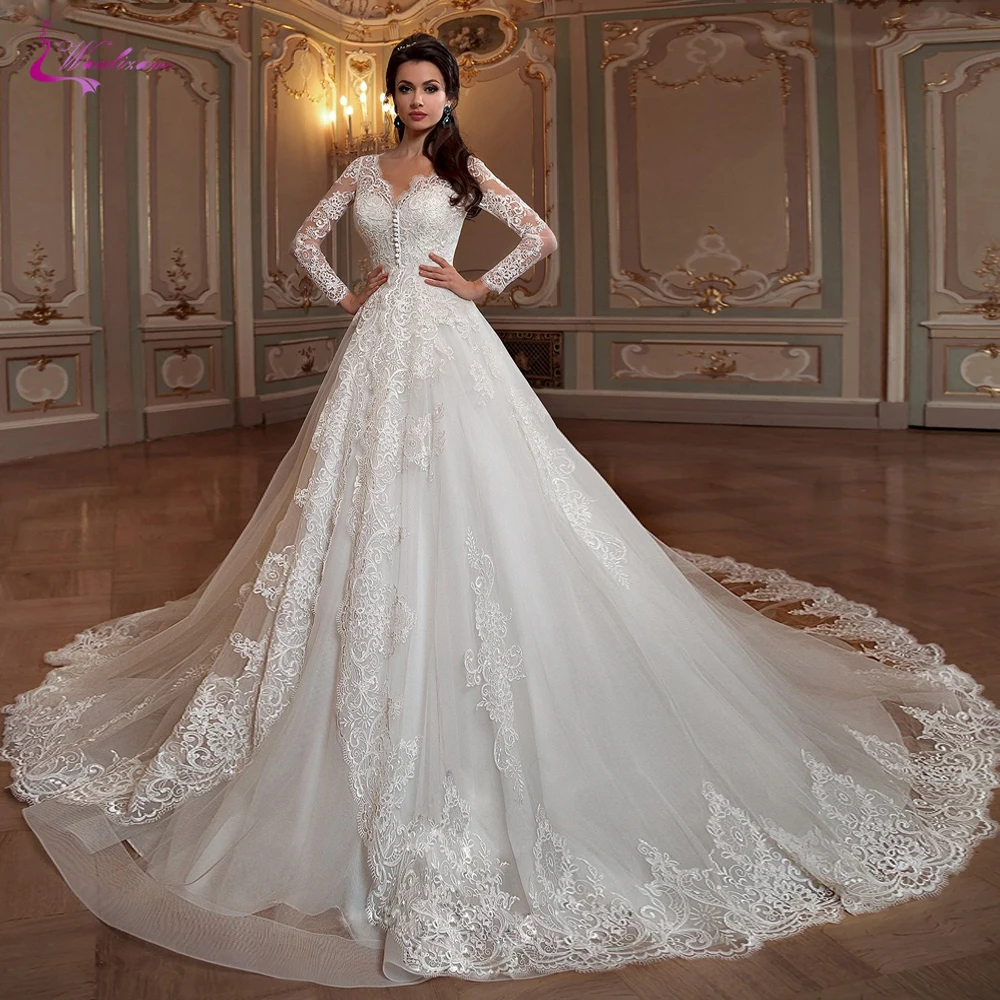 

Waulizane A Line Wedding Dress Of V-Neckline With Bust Buttons Full Sleeve Delicated Appliques Court Train