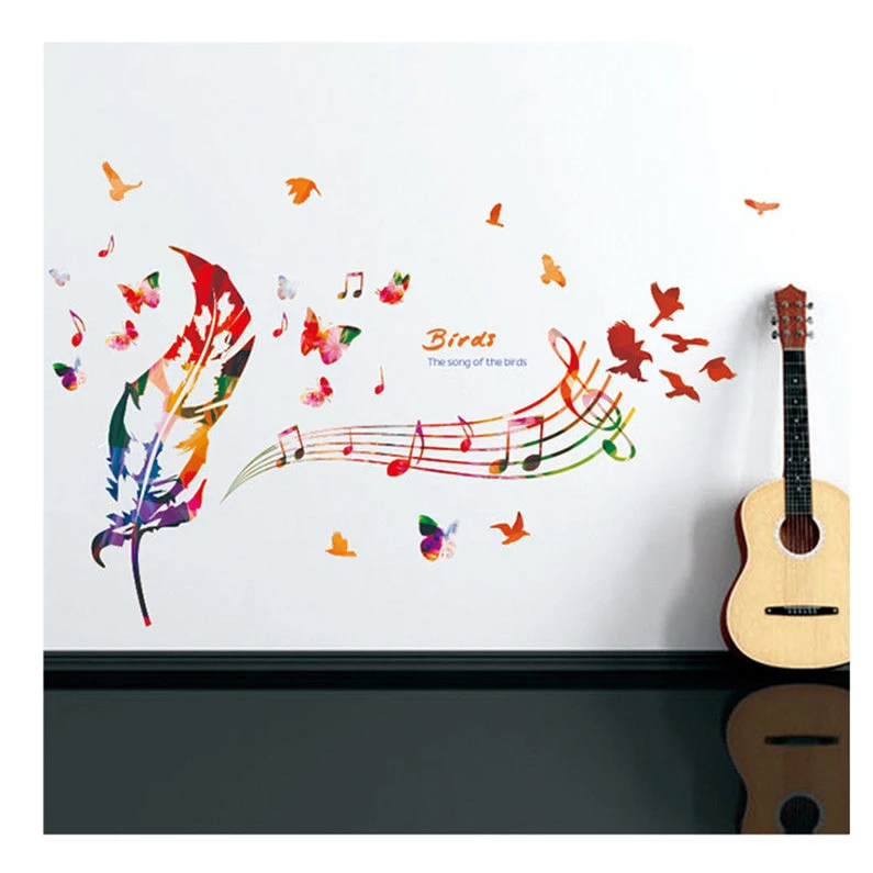 Гостиная Птица Музыка перья стены стикеры Фреска Искусство Виниловые наклейки домашний Декор многоцветный
