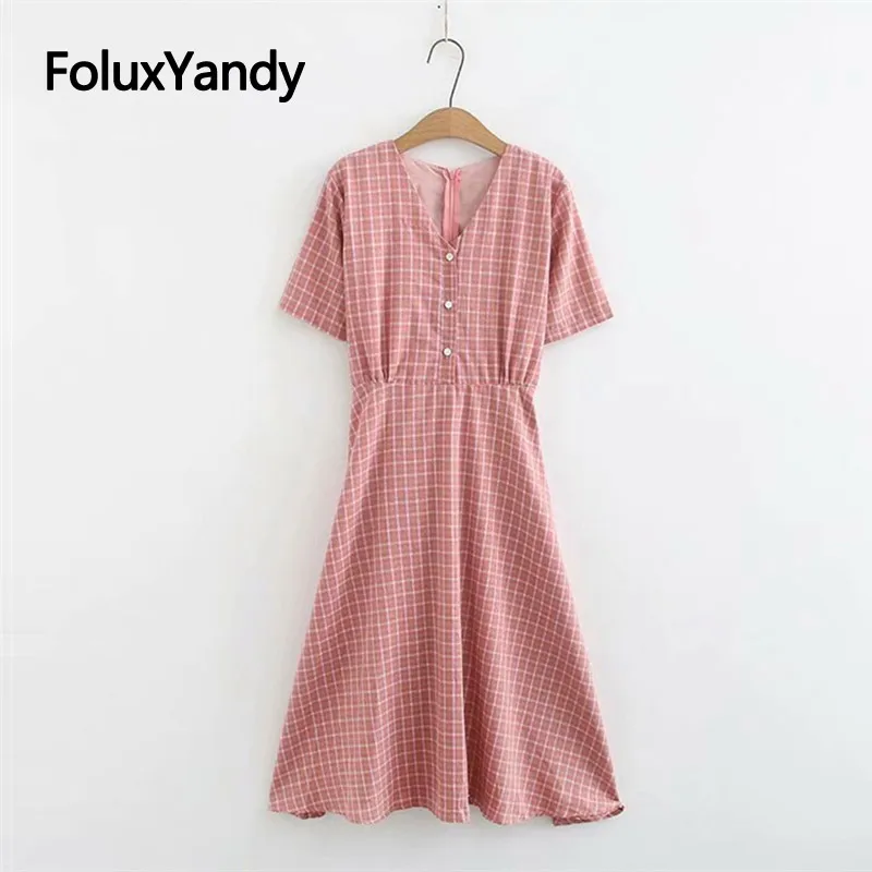 

V-neck A-line Dress Women Plus Size Casual Vestidos Plaid Summer Short Sleeve Cotton Midi Dress Pink Green KKFY3680