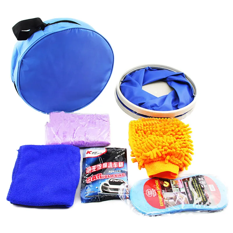 

Car Cleaning Kit IncludeFolding Buckets, Gloves, Compressed Sponges, Car Wash Powder, Deerskin, Towel Cleaning Car, Oxford Bag